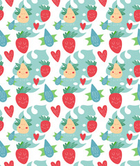 Bright seamless pattern, pear and strawberry in scandinavian style. Unique hand drawn background. Modern vector illustration.