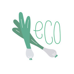 Eco product - leek in scandinavian style. Unique hand drawn nursery poster. Modern vector illustration.