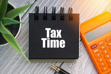 TAX TIME text with fountain pen, decorative plant, calculator and notepad on wooden background. Business concept