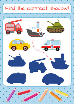 Find the correct shadow! Cars, transport. Fire truck, car, tank, ship, ambulance. Educational mini-game for children. Cartoon vector illustration