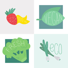 Set of illustrations on the theme of healthy eating. Strawberries, onions, broccoli, mint leaves. Unique hand drawn nursery poster. Modern vector.