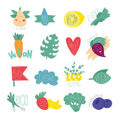 Set of healthy and proper nutrition symbols in scandinavian style. Unique hand drawn nursery poster. Modern vector illustration.