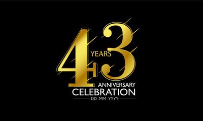 43 year minimalist logo years, jubilee, greeting card. Birthday invitation. Sign Gold space vector illustration on black background - Vector
