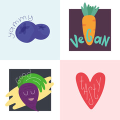 Set of illustrations on the theme of healthy eating. Blueberry, carrot, beet and heart symbol. Unique hand drawn nursery poster. Modern vector.