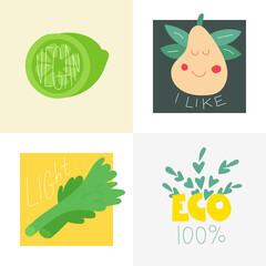 Set of illustrations on the theme of healthy eating. Lime, pear, celery, plant branches. Unique hand drawn nursery poster. Modern vector.