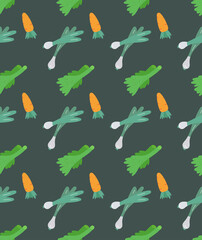 Bright seamless pattern, onions and celery in scandinavian style. Unique hand drawn background. Modern vector illustration.