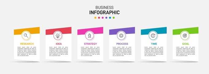 Concept of arrow business model with 6 successive isometric steps. Six colorful graphic elements. Timeline design for brochure, presentation. Infographic design layout