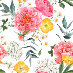 Beautiful seamless floral pattern with watercolor pink peony and other summer flowers. Stock illustration. © zenina