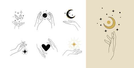 Set of modern simple magic drawings with crystals, stars, moon. Design elements for weddings, tattoos, trendy boho style. Vector linear illustration isolated on white background.