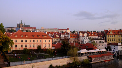 Naklejka na ściany i meble The historical center of Prague at sunrise. City landscape.