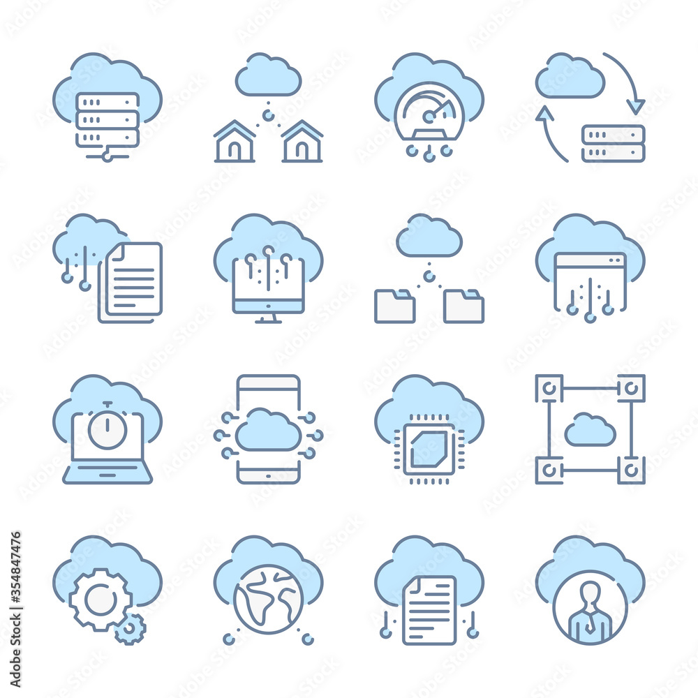 Poster cloud technology and database related blue line colored icons. cloud data, web storage and server ic