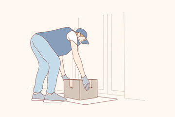 Contactless delivery concept illustration. Young man or boy courier supplier cartoon character putting mail box food bag package down near entrance door. Home contactless shipment on 2019ncov lockdown