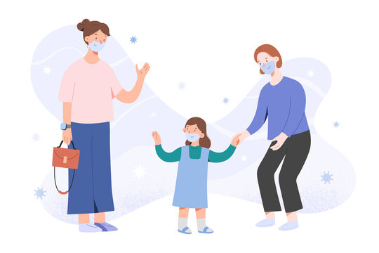 Mother Taking Child To Kindergarten After Coronavirus Pandemic, Waving Goodbye, Girl And Nanny In Face Masks, Children Go Back To School After Covid Concept, Vector Flat Cartoon Characters