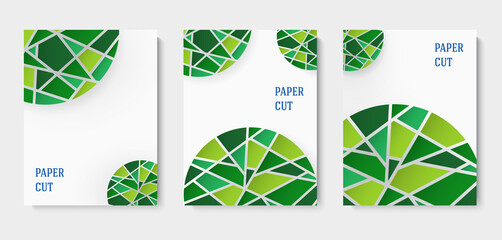Set of abstract blue and white backgrounds in paper style. Poster with green mosaic elements. Place for text. Vector