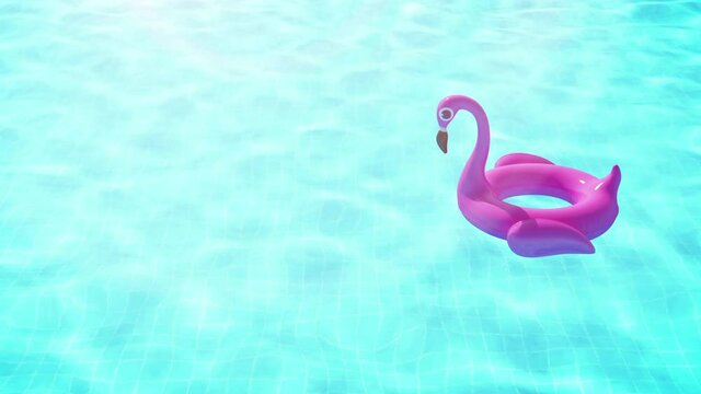 Pink inflatable flamingo floating on blue water in swimming pool for summer holiday and travel concept with space for text, realistic 3d rendering.