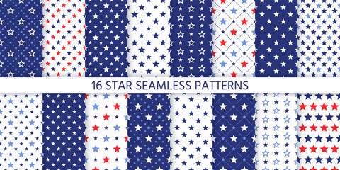Star seamless pattern. Vector. Set of textures with pentagonal stars. Abstract geometric backgrounds. Cute navy blue and red prints. Festive patriotic simple wallpaper. Color illustration.