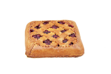 Square pie pastry with berry filling. Close-up on white background