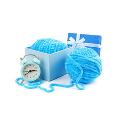 Gift blue box with a ball of yarn