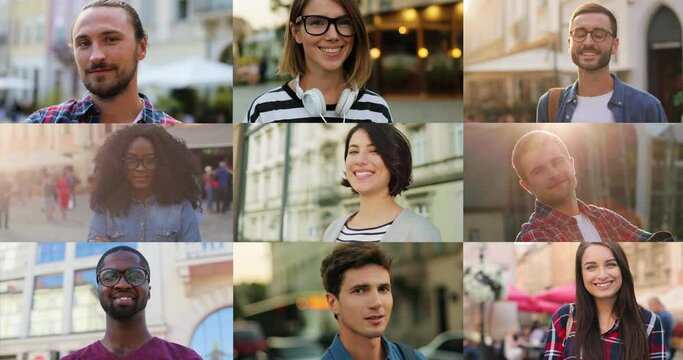 Multiscreen On Many Multi-ethnic People In Good Mood On Street. Pretty Young Women Smiling To Camera Outdoor. Handsome Joyful Men Standing In City With Smiles On Faces. People Diversity Concept