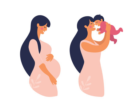 Set of illustrations about pregnancy and motherhood. Pregnant woman with tummy. Lady with a newborn baby. Vector illustration in a flat cartoon style.
