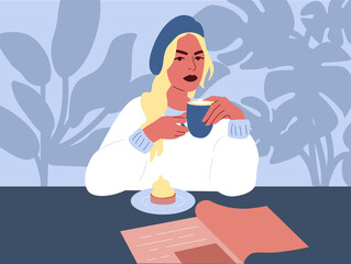 Blonde girl with coffee cup.