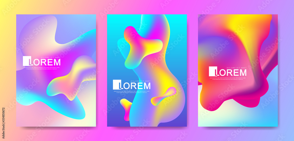 Poster Vector design template in trendy vibrant gradient colors with abstract fluid shapes, paint splashes, ink drops. Futuristic posters, banners, brochure, flyer and cover designs. Abstract fluid 3d shape.
