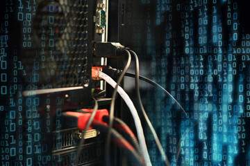 computer data transfer into desktop pc by internet LAN line. double exposure shot of backside of a...