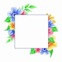 Watercolor wild flowers in paper cut style inside frame with copy space. Simple and beautiful compositions. Good for paper cards, logos, label, tags, scrapbooking, sticker pack, baby shower