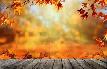 Foto op Canvas Wooden table with orange fall  leaves, autumn natural background © andreusK