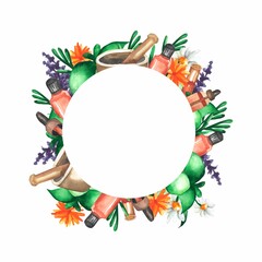 Elegant aromatherapy fame with herbs, essential oil bottles fnd mortal. Hand painted watercolor illustration. Organic logotype. Can be used as greeting card, banner.