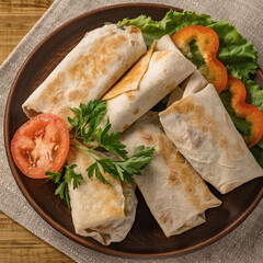 Hot pita bread wrapped with cheese and vegetables and greens on a rustic plate.