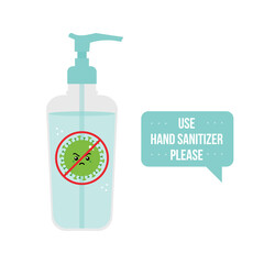 Bottle of liquid hand sanitizer gel, antibacterial concept illustration. Use hand sanitizer message in speech bubble.