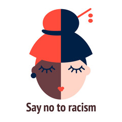 say no to racism text and two multiracial persons icon. black and asian woman.