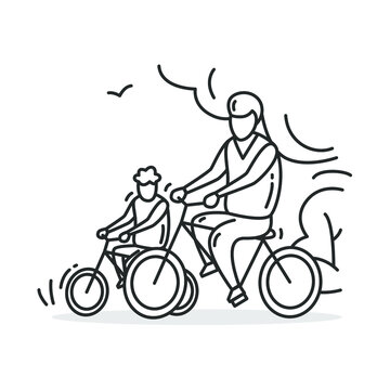 Riding Bike Family Icon.Outline Sign Of Father And Son Cycling Together.Outdoors Family Activity Concept. Parent And Child On Bicycle Having Leisure Time.Thin Line Vector Illustration.Editable Stroke