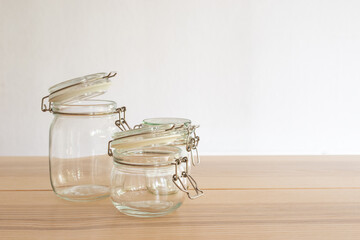 Set of Empty reusable glass jar on white background, sustainable eco friendly lifestyle zero waste concept.