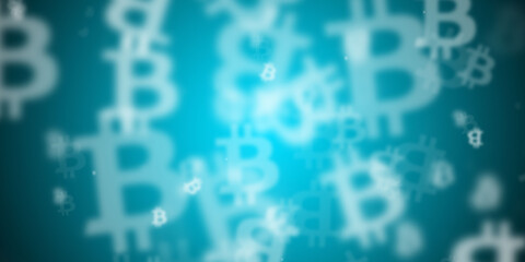 Abstract light blue background with flying bitcoin logos