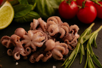 baby octopuses with vegetables and herbs