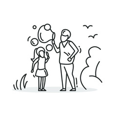 Blowing soap bubbles icon. Sign of father and daughter making foam bubbles outdoors. Simple thin line. Family and childhood concept. Dad and little kid. Vector illustration.Editable stroke
