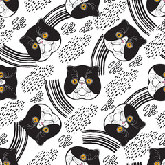 Exotic cat face. Seamless vector pattern with cats and decorative elements on white. Hand-drawn vector illustration. Animal art background.