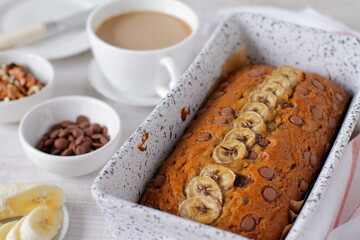 
Banana bread with chocolate drops and olive oil