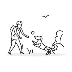 Play with dog icon. Outline sign of kid boy enjoying leisure with dog in park. Childhood and friendship concept. Cheerful outdoor activity symbol. Thin line vector illustration.Editable stroke
