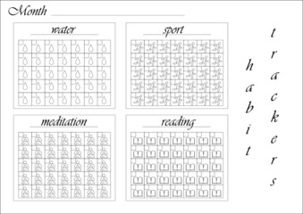 Monthly habit tracker blank for painting. Set of habits to drink water, meditate, play sports and read in black and white in vector.