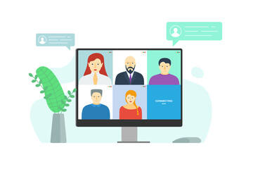 Fototapeta na wymiar People group on monitor screen taking part in online conference. Home work meeting and distance education webinar or videoconferencing. Video conferencing and web communication vector eps illustration