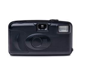 Old film photo camera on white background isolation