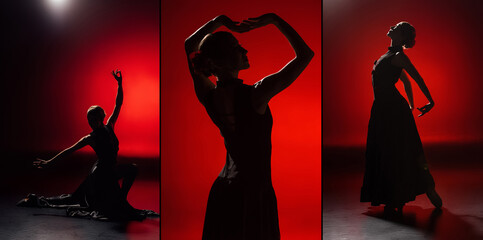 collage of young and elegant woman dancing flamenco on red - obrazy, fototapety, plakaty