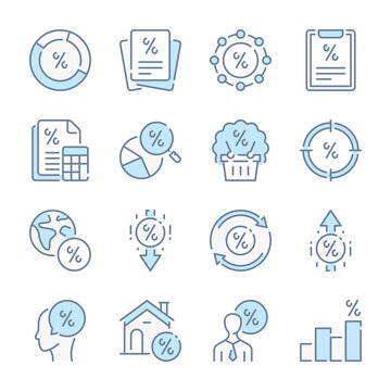 Debt, Loan and Financial interest related blue line colored icons. Fees, Credit and lending moneyicon set.