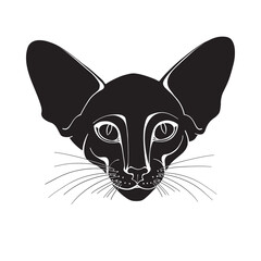 Oriental cat face. Hand-drawn vector illustration. Black silhouette of a cat on white. Isolated element for design.
