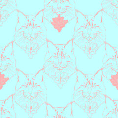 Maine coon face and freesia flowers on blue. Seamless vector pattern. Hand-drawn vector illustration.Animal art background.