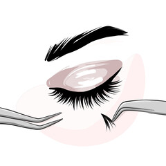 Lash extension beautican procedure, lash stylist make faux eyelash extention, professional beauty service. Permanent Natural eyelashes application courses, training, masterclass. Volume, long lashes