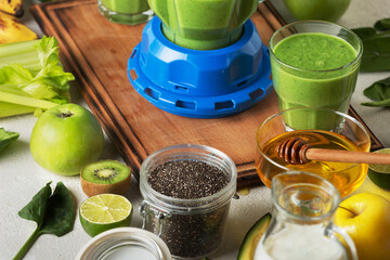 detox drink made from spinach and green vegetables. Healthy eating, close up